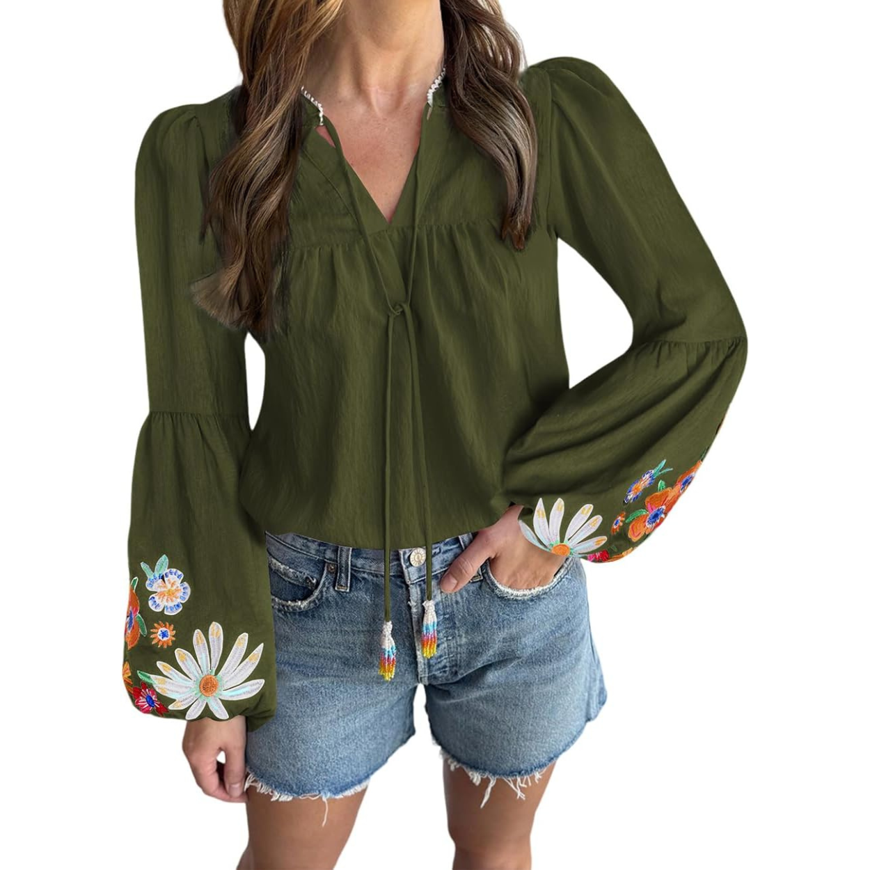 Embroidered Tops Floral Short Puff Sleeve Casual Top