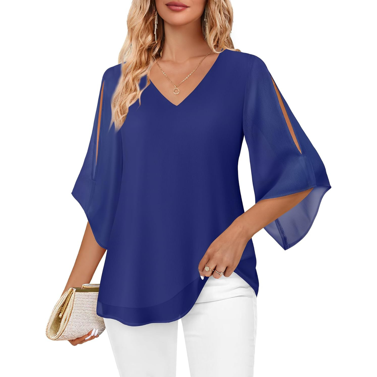 Ruffle Chiffon Sleeve Double Layers Tunic Tops