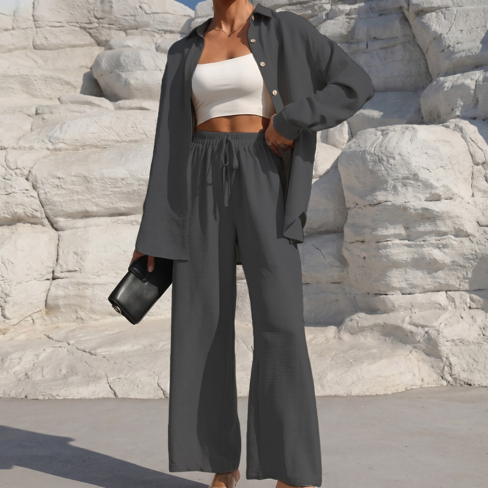 Casual 2 Piece Long Sleeve Shirt And Wide Fit Trouser Set For Women