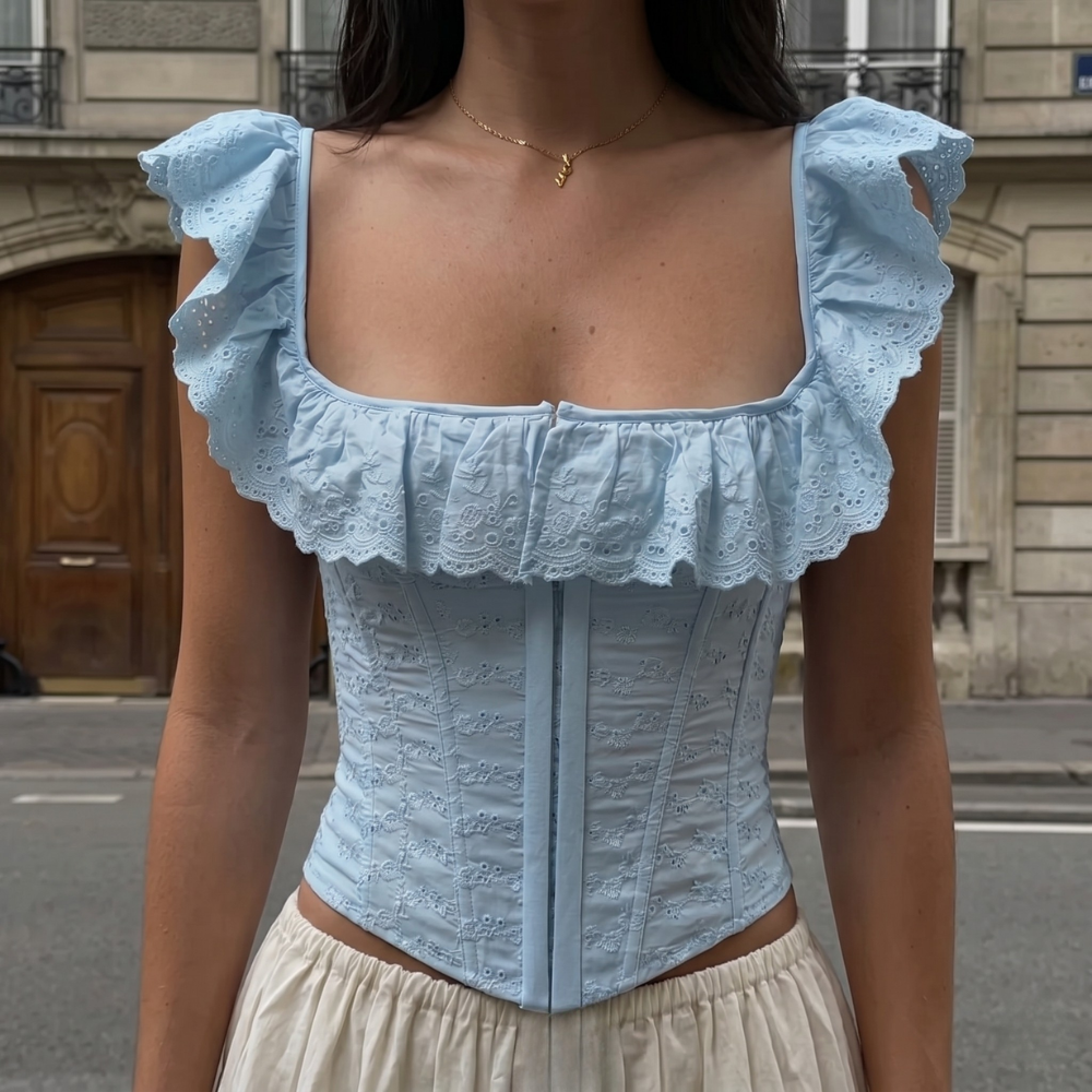 Adjustable Corset Blouse With Embroidery Lace Details For Women