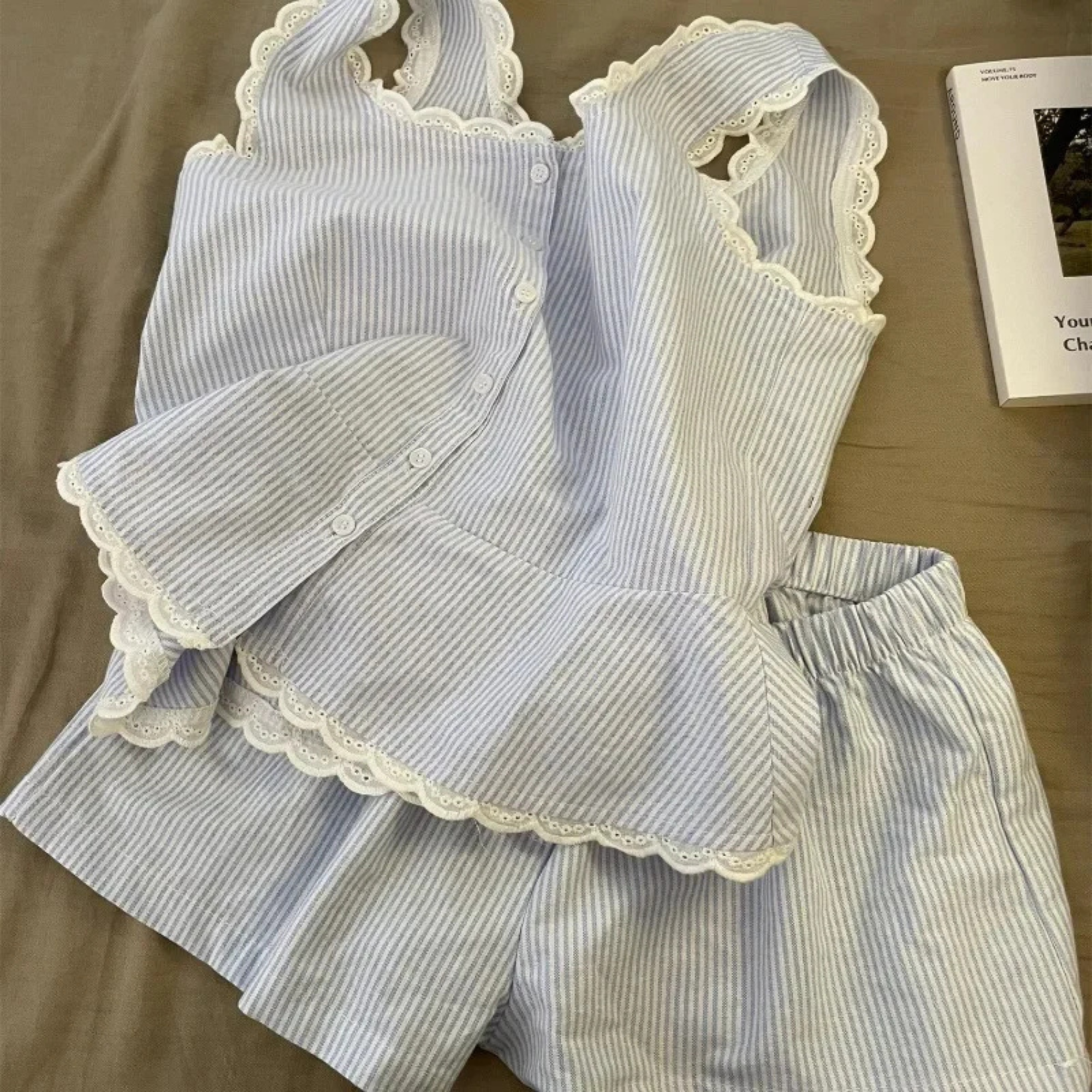 2 Piece Pajama Set With Lace Trim And Striped Nightwear For Women