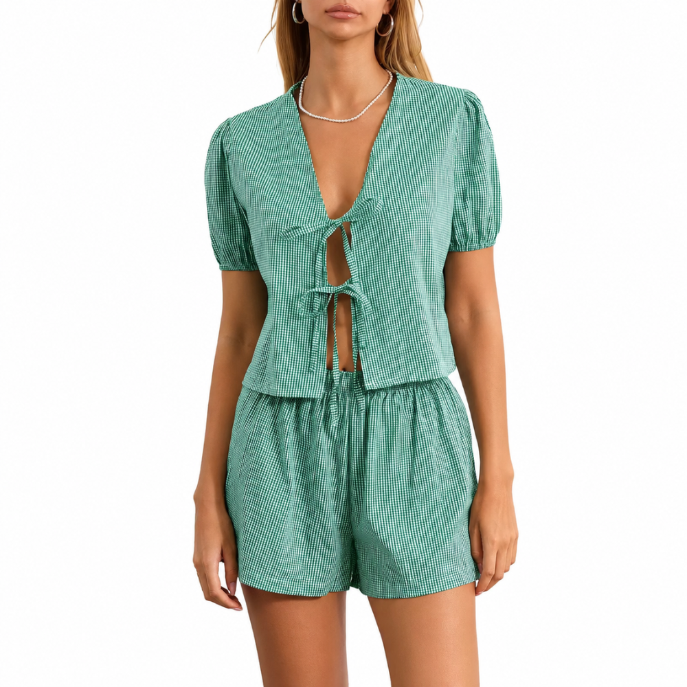 Vintage Checkered Print Puff Sleeve Tie Front Blouse Top And Shorts 2 Piece Matching Set