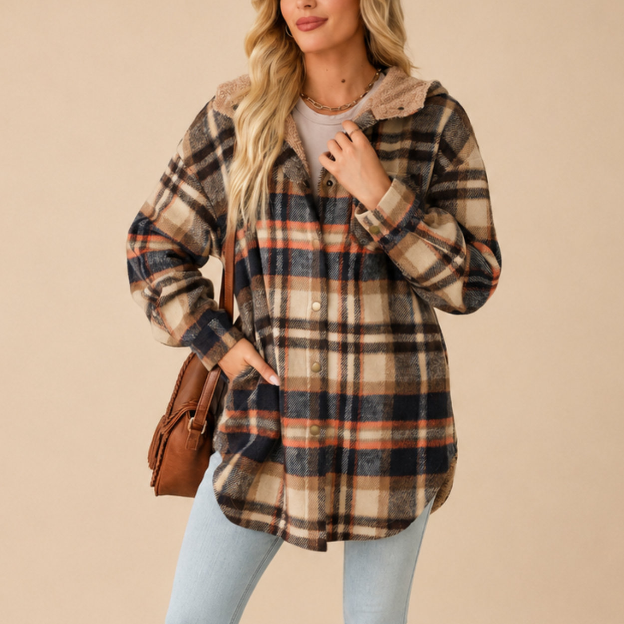 Casual Button Down Plaid Fleece Jacket With Hood For Women
