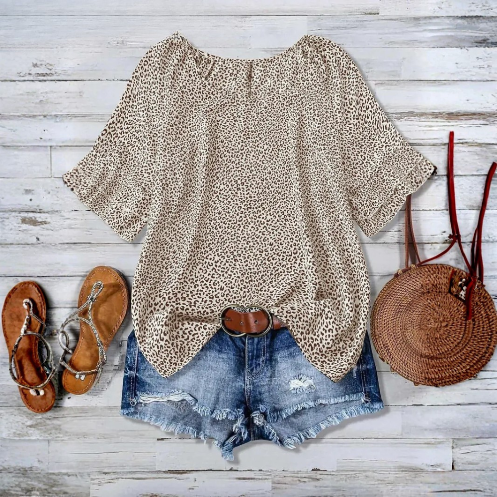 All Over Print Ruffle Layered Short Sleeve Woven Blouse Top For Women