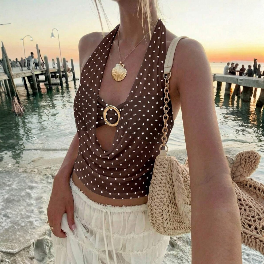 Tank Top Polka Dot Print Draped Neck Tie For Women