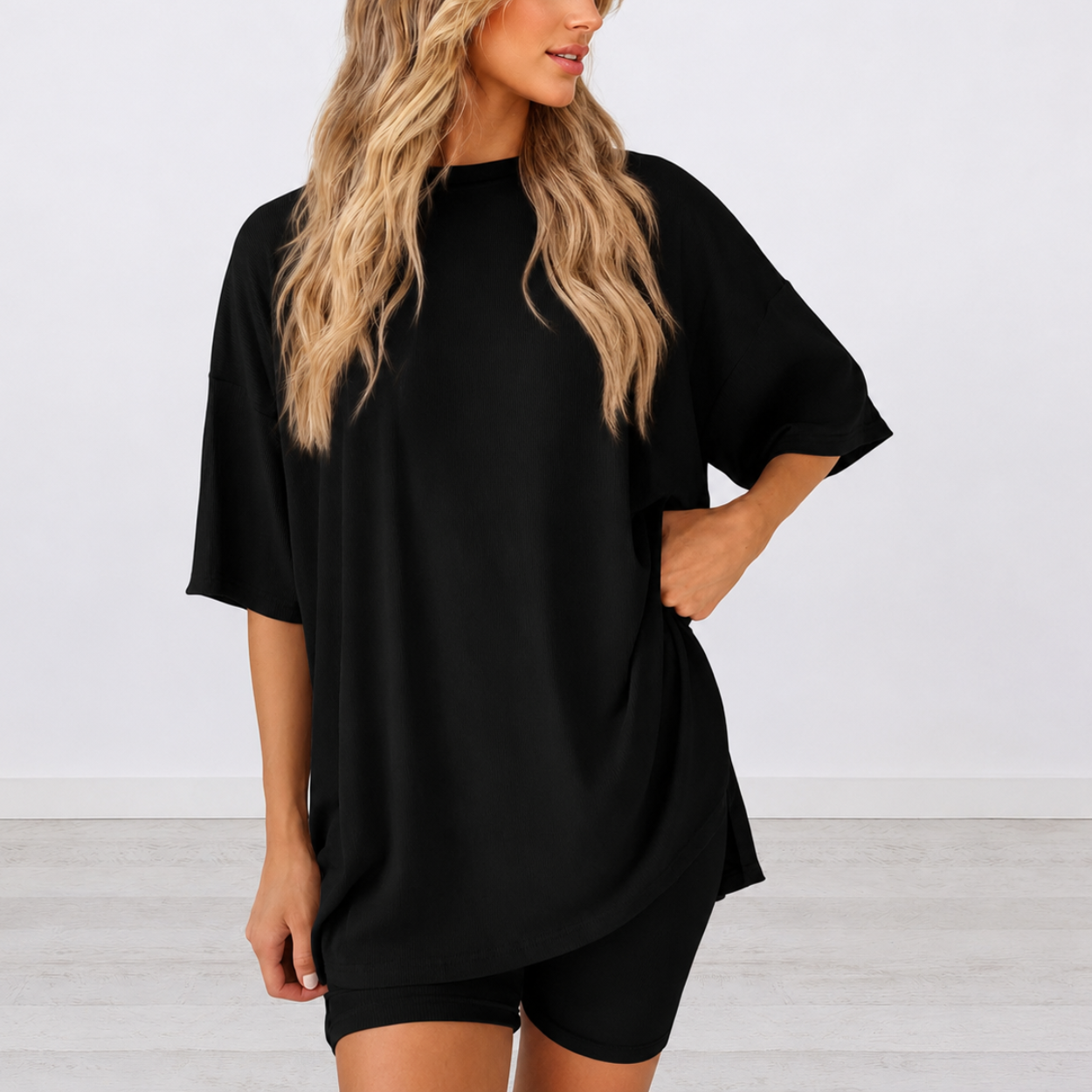 2 Piece Oversized Shirt and Biker Shorts Set For Women