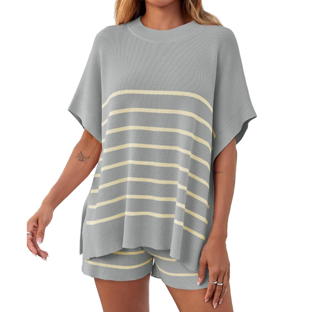 Striped Knit Top And Shorts Set For Women
