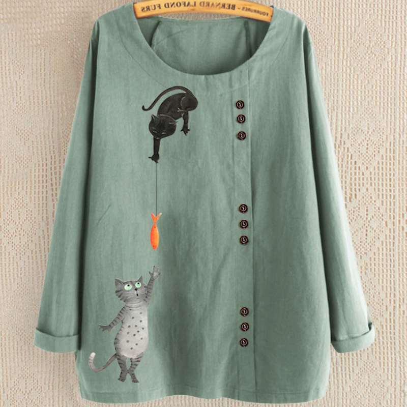 Cute Cat Print Full Sleeves Blouse-My Comfy Blouse