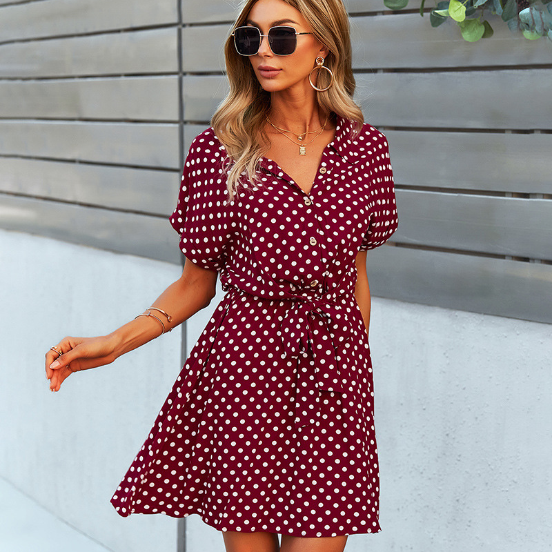 Polka Dots Knee Length Waist Belt Tie Dress-My Comfy Blouse