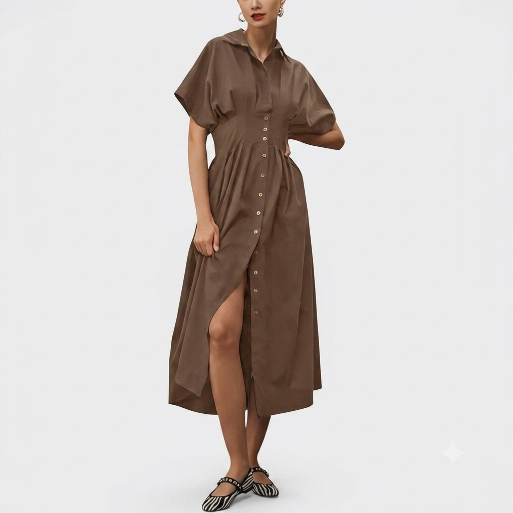 Casual Short Sleeve Button Down Loose Fit Pleated Maxi Sundress With Pockets For Women