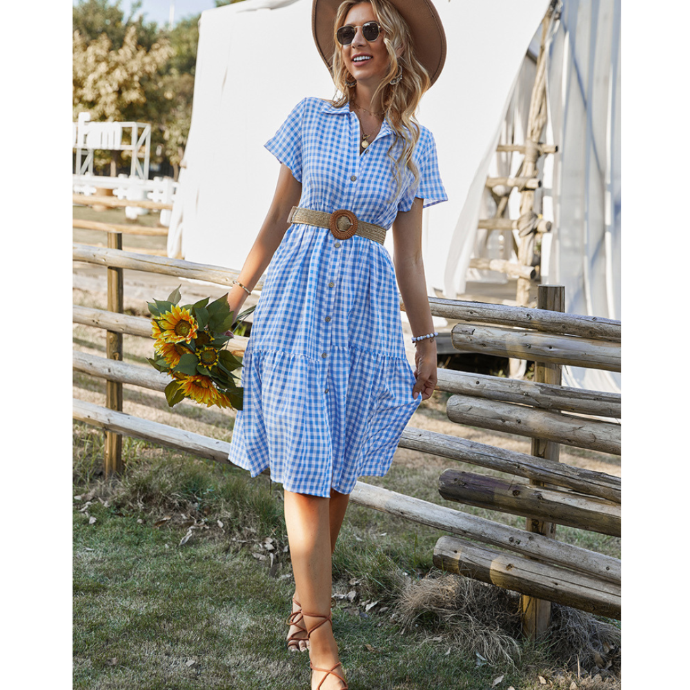 Women Buttoned Gingham Summer Dress-My Comfy Blouse