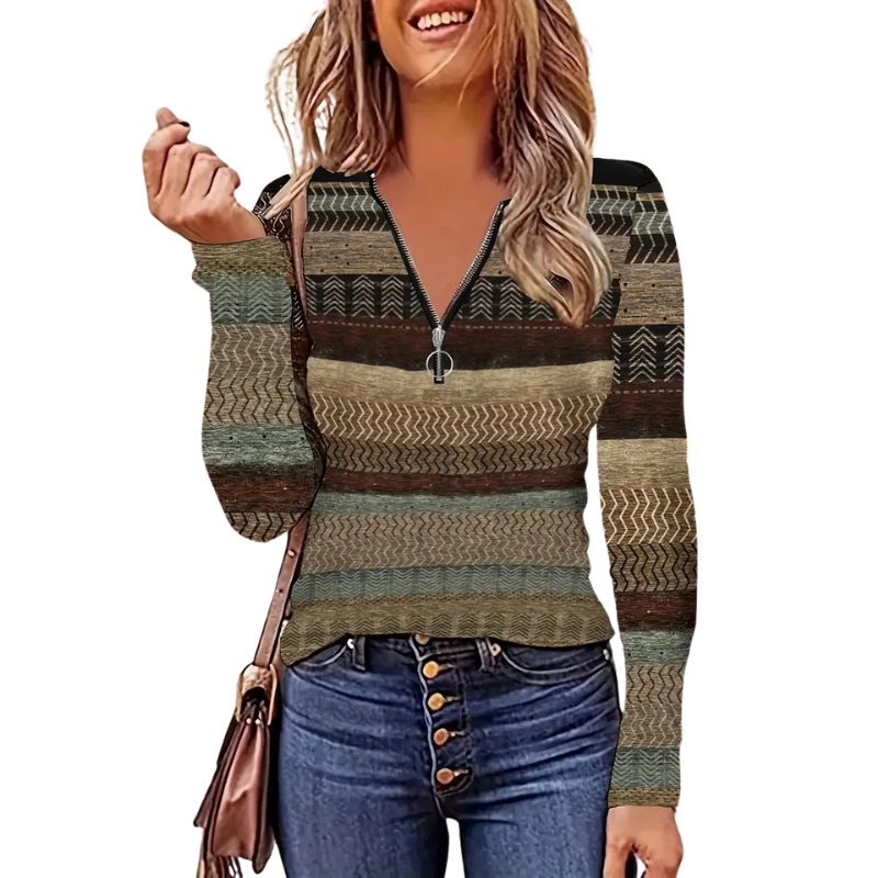 Quarter Zip Patterned Pullover-My Comfy Blouse