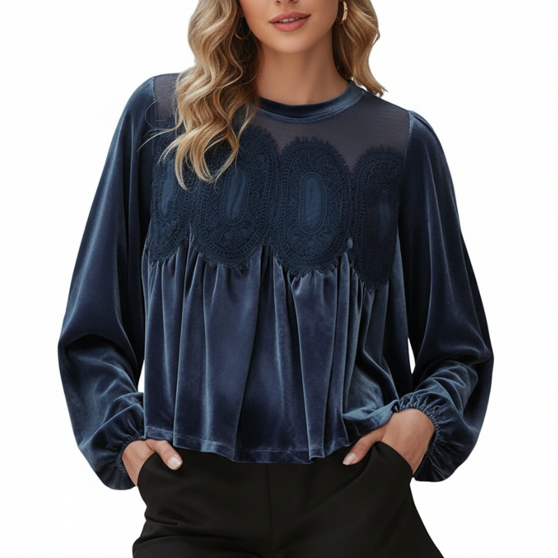 Long Sleeve Velvet Trim Lace Blouse Elegant Flared Swing Top For Women