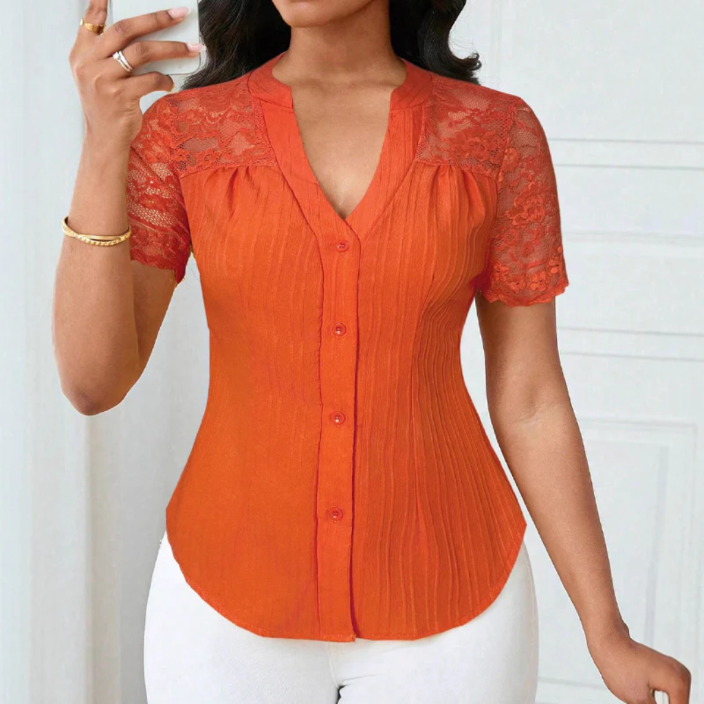 Ribbed Knit Button Down Top With Lace Sleeves
