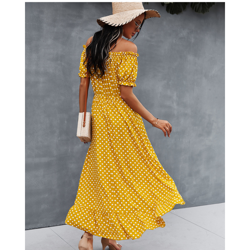 Off-Shoulder Polka Dot High Low Ruffle Hem Dress-My Comfy Blouse
