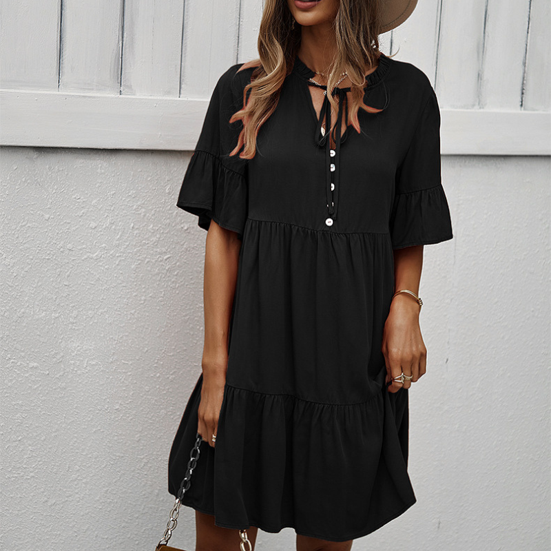 Semi Collar Flared Short Sleeves Midi Drees-My Comfy Blouse