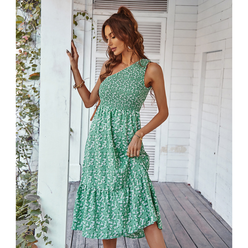 Floral One-Shoulder Shirred Dress