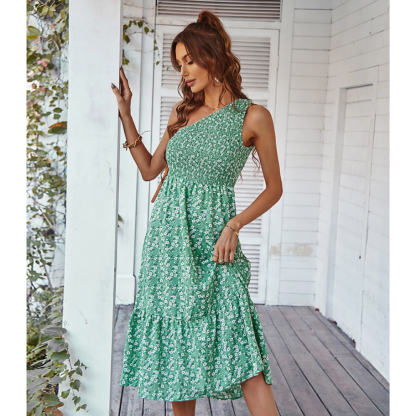 Floral One-Shoulder Shirred Dress