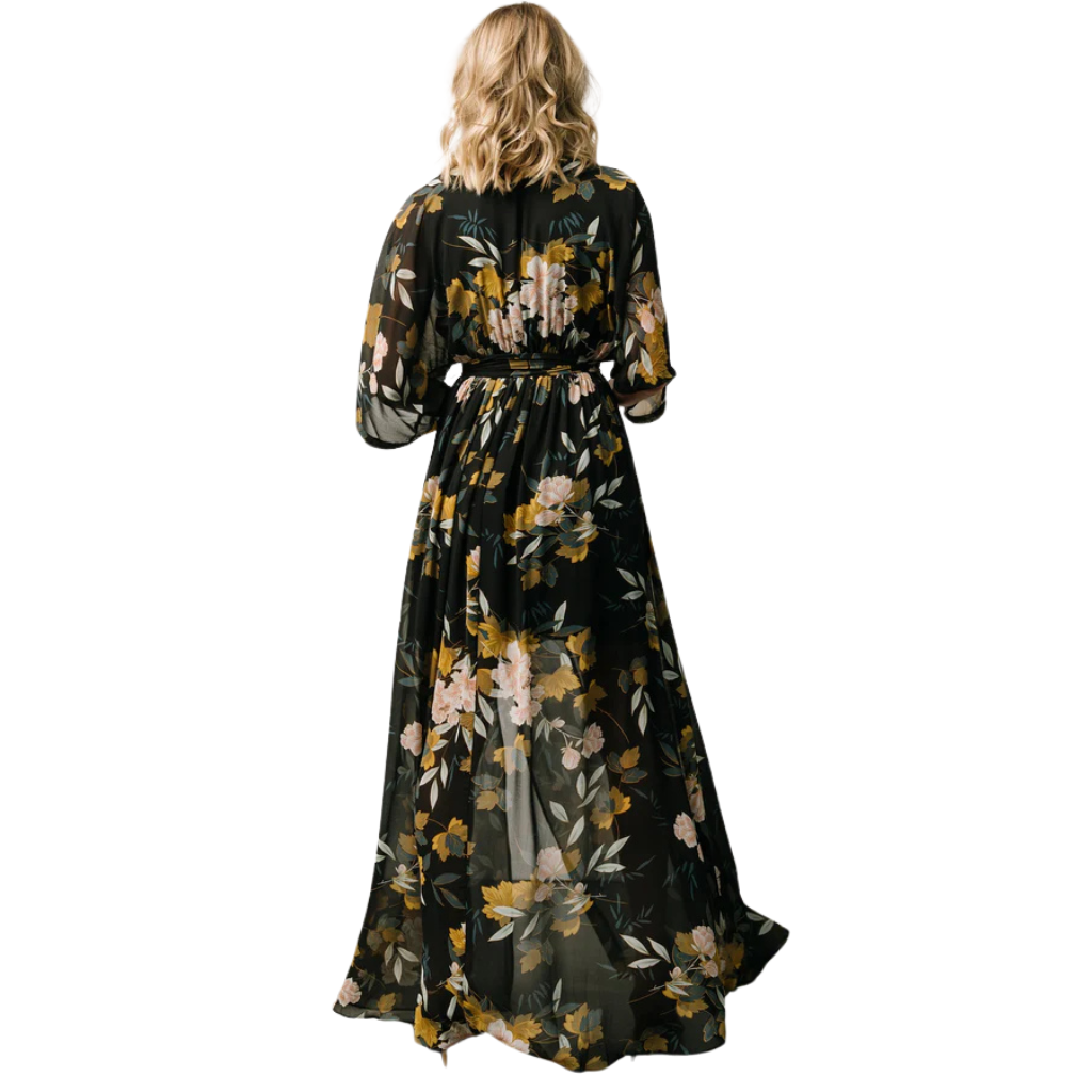 Floral Pattern Floor Length Long Sleeve Chiffon Dress-My Comfy Blouse