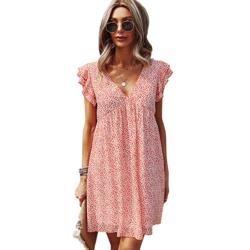 Frill Short Sleeves Knee Length Deep V-neck Casual Dress-My Comfy Blouse