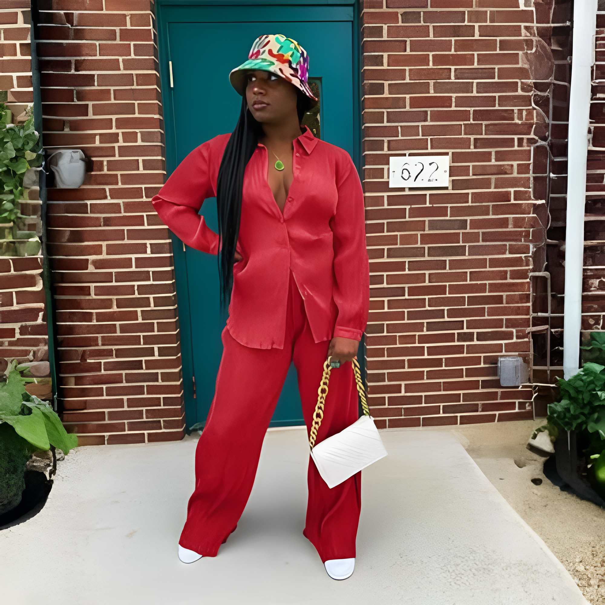 2 Piece Button Down Shirt And Pleated Pants Set For Women