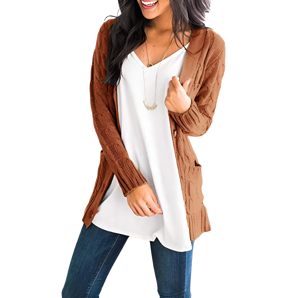 Cable Knit Button Front Open Cardigan