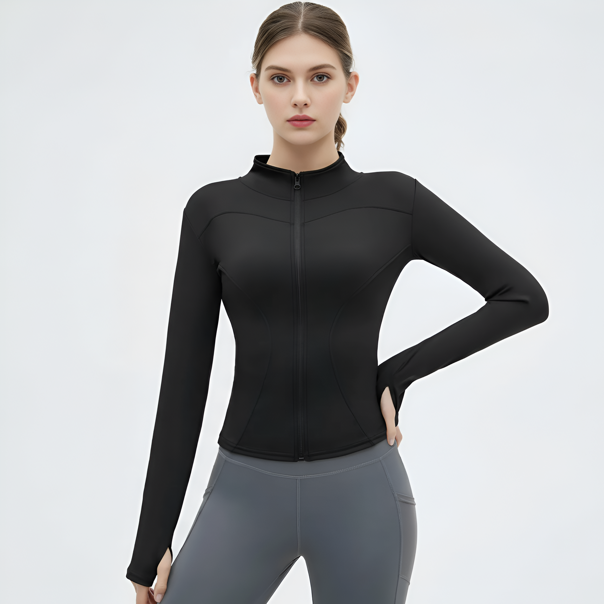 Women Thumb Holes Solid Zip Up Mock Neck Spring Sports Jacket