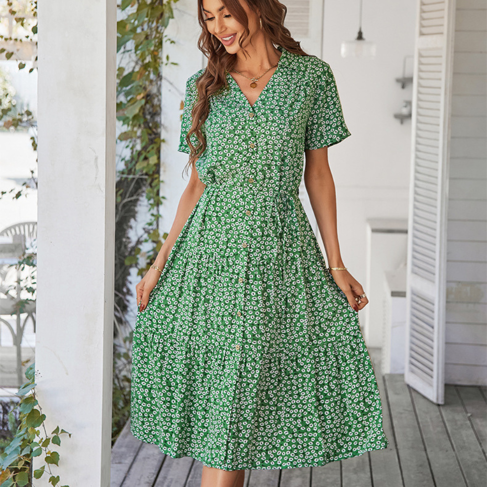 V-Neck Waist Belt Floral Print Maxi Dress-My Comfy Blouse