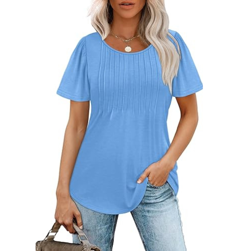 Pleated Casual Top With Scoop Short Sleeve Summer Blouse-My Comfy Blouse