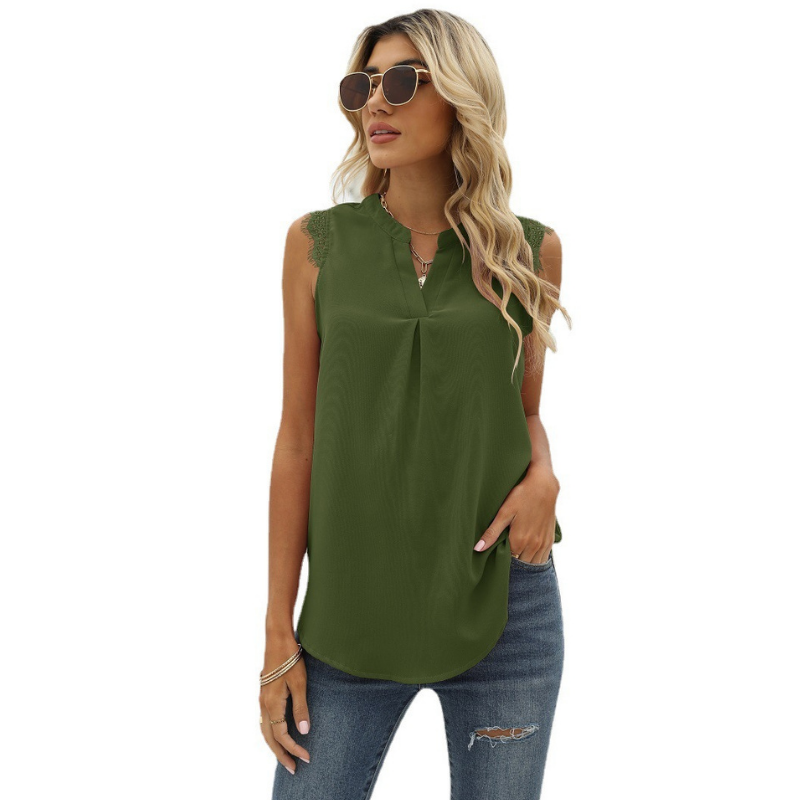 Lace Cap Sleeves V Neck Blouse-My Comfy Blouse