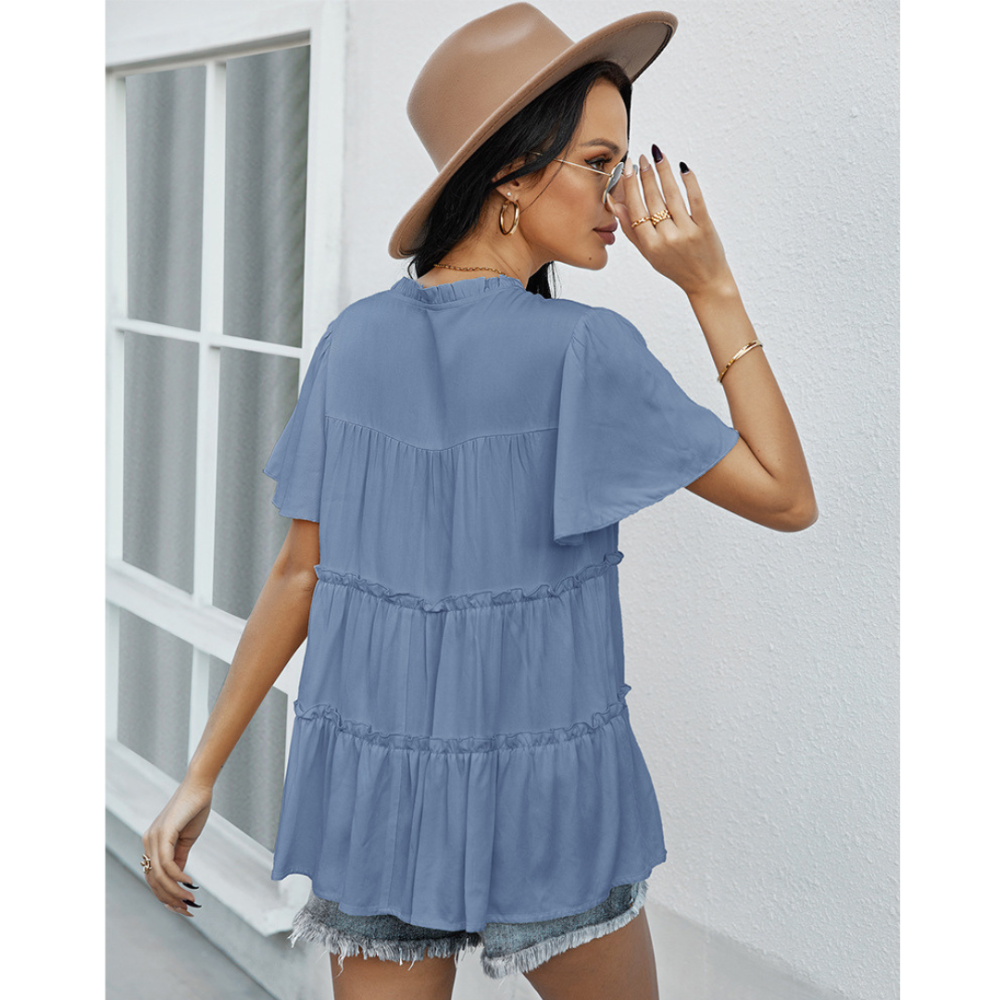 Frill Trim Tassel Tie Flutter Sleeve Top-My Comfy Blouse
