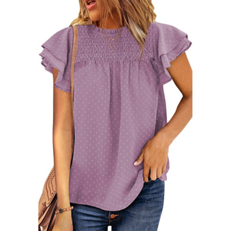Flounce Cap Sleeves Dot Print Blouse-My Comfy Blouse
