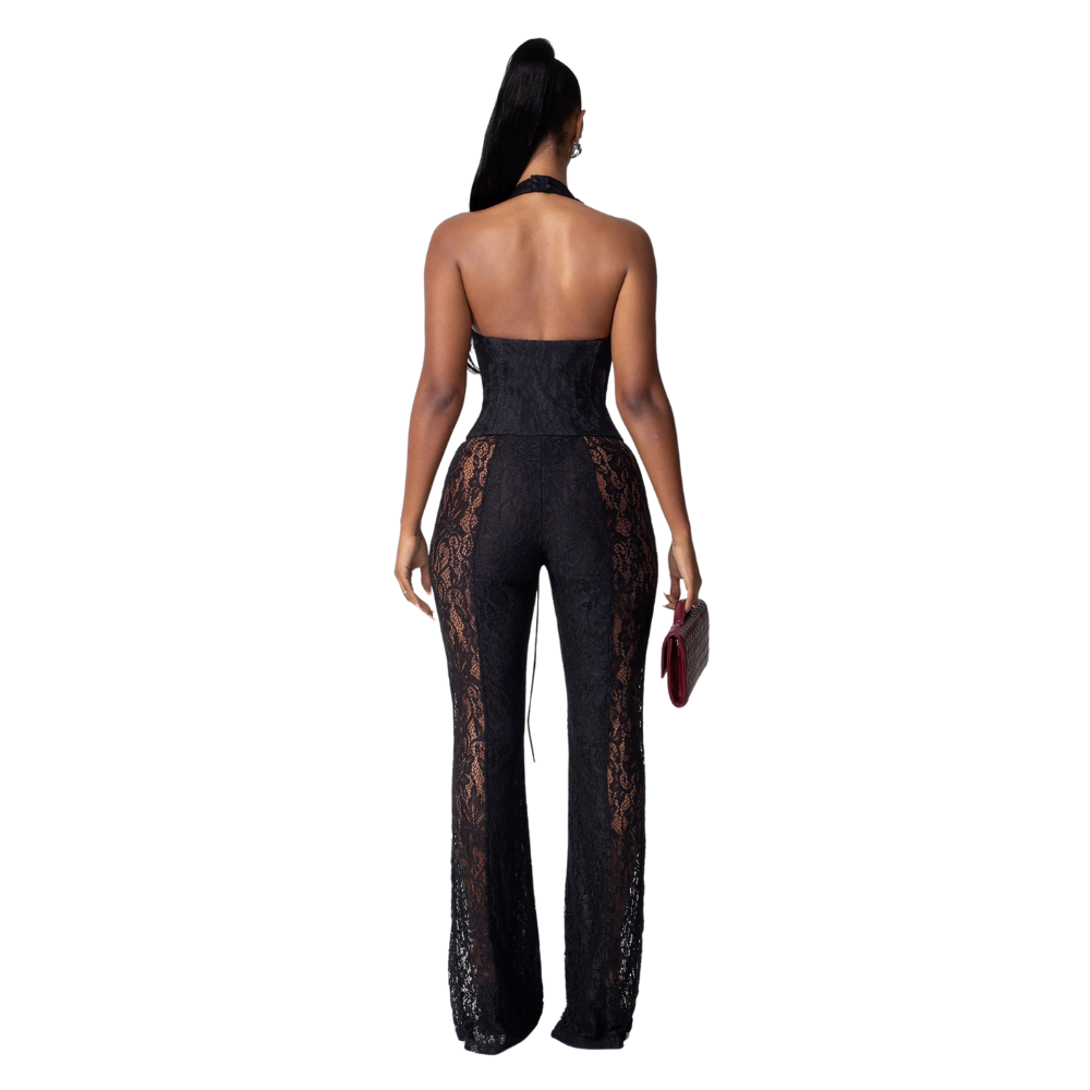 Lace Halter Jumpsuit With Corset And Sheer Panels