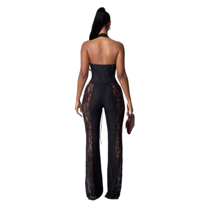 Lace Halter Jumpsuit With Corset And Sheer Panels