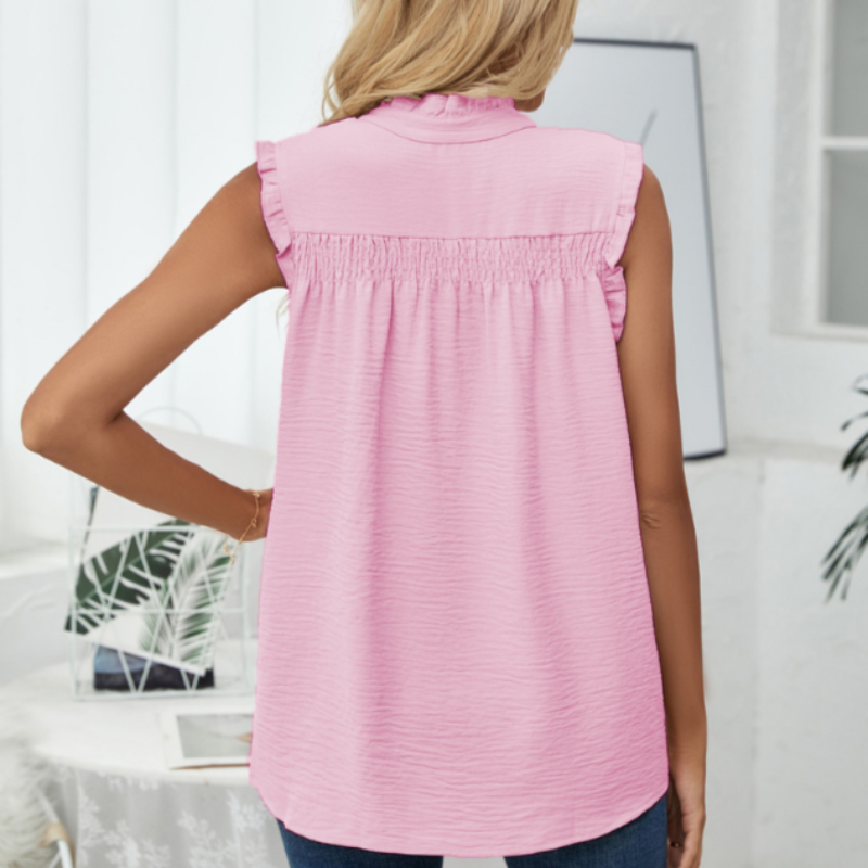 High Collar Button Ruffled Sleeves Less Blouse-My Comfy Blouse