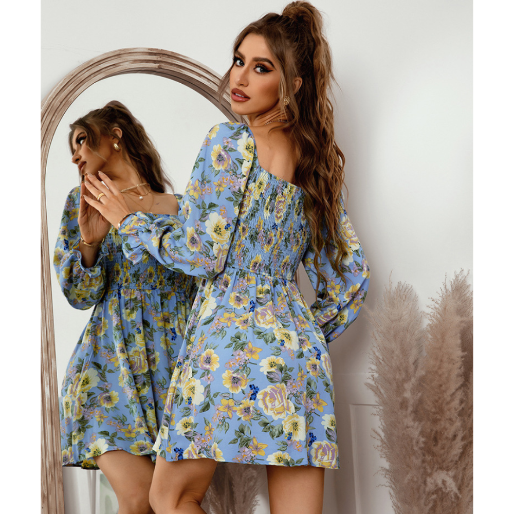 Floral Print Shirred Flounce Sleeve Dress-My Comfy Blouse