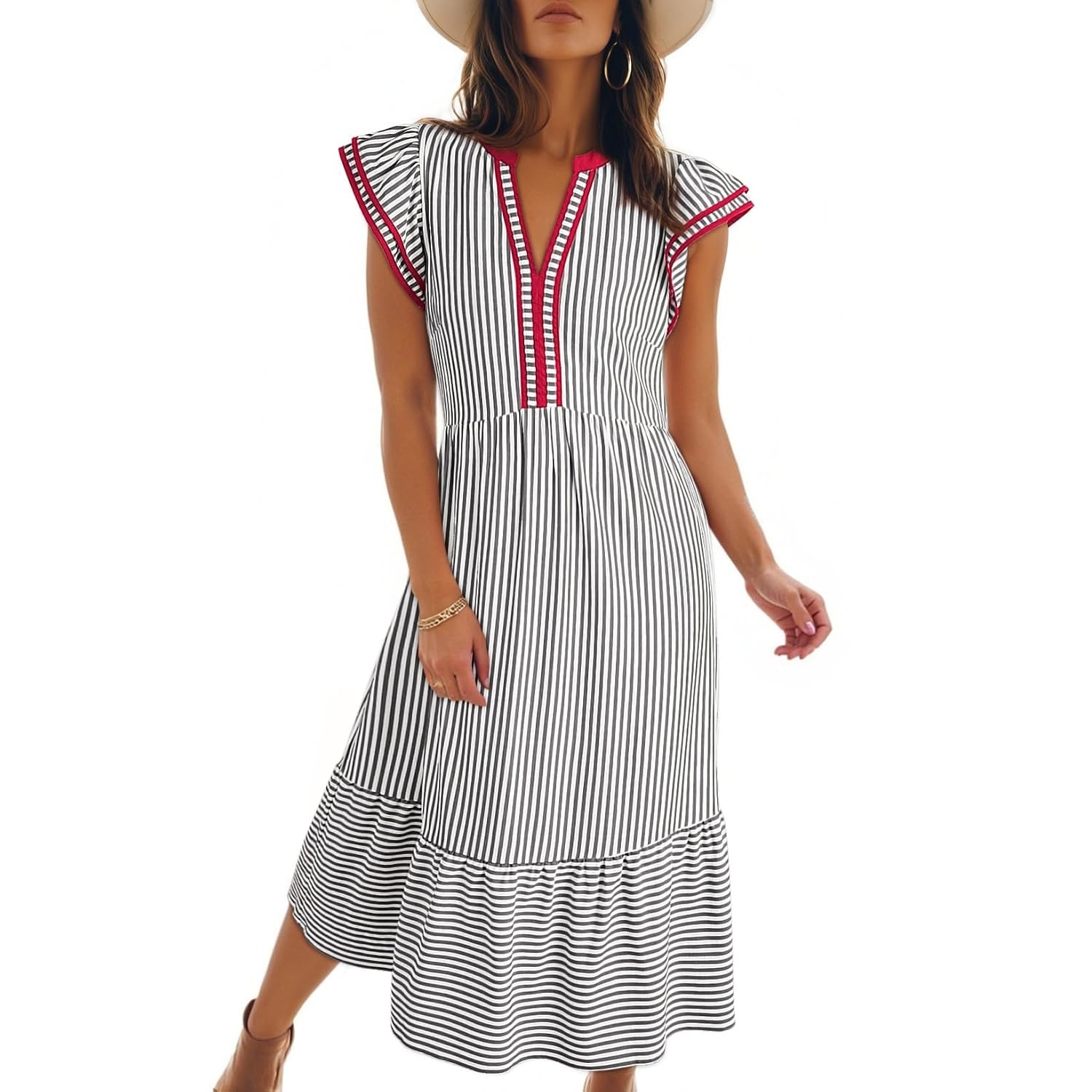 Summer Striped Ruffle Sleeve Midi Dress With Pockets