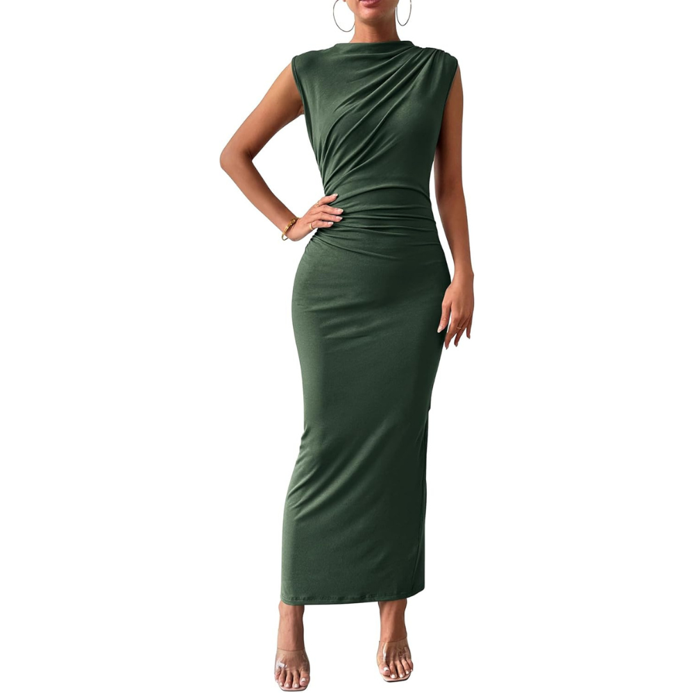 Ruched Sleeveless Bodycon Maxi Dress for Wedding Guests