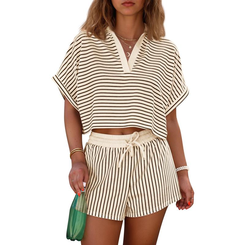 2 Pieces Short Sleeve Striped Matching Set For Women