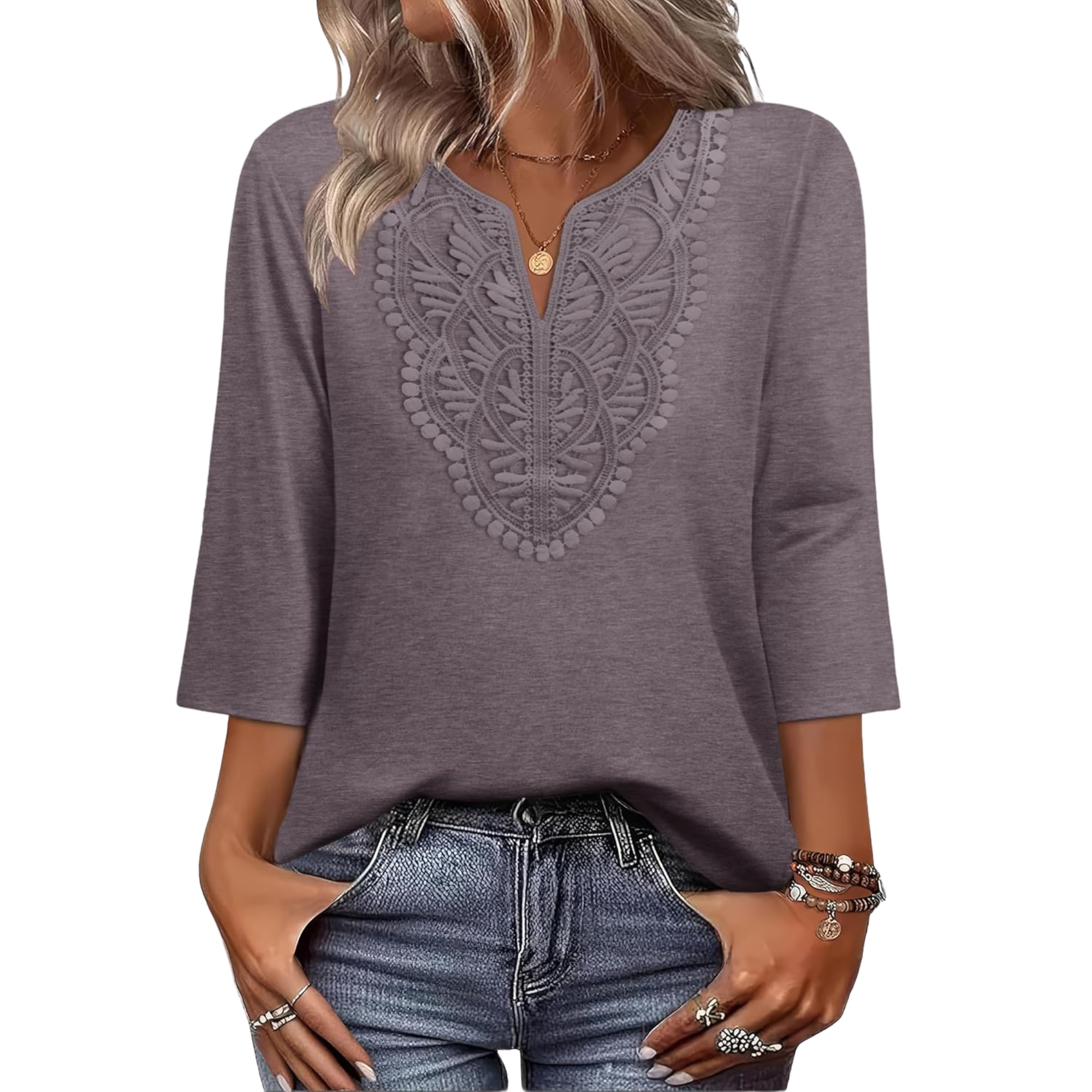  Length Sleeve Womens Tops Boho V Neck Lace Shirt Trendy Blouses Dressy Casual Vacation