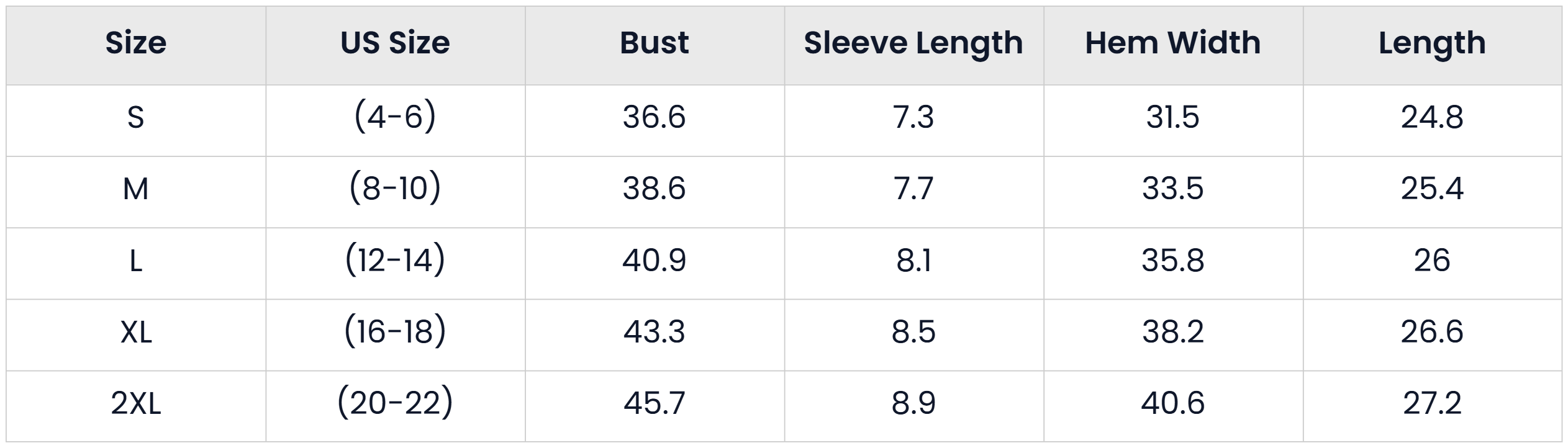 Size Chart for Casual Blend Short Sleeve Sweater For Women