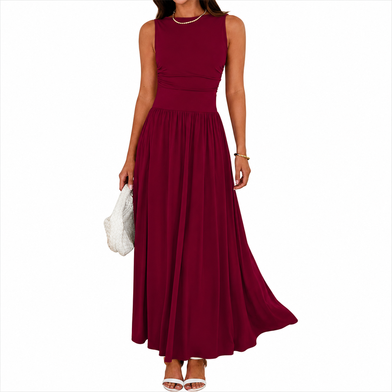 Flowy Sleeveless Maxi Sundress With Ruched Detail For Women