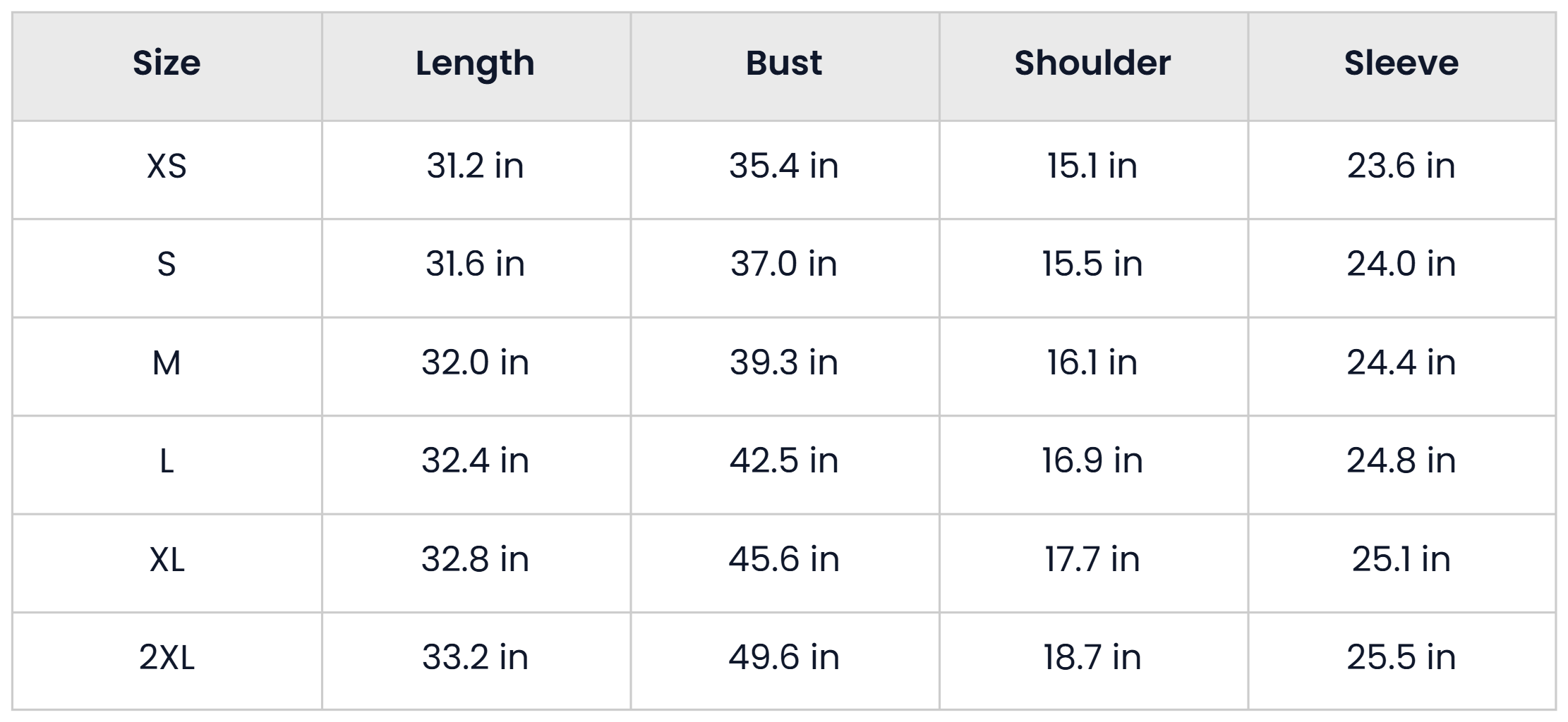 Size Chart for Hooded Winter Pea Coat For Women With Buttoned Belt