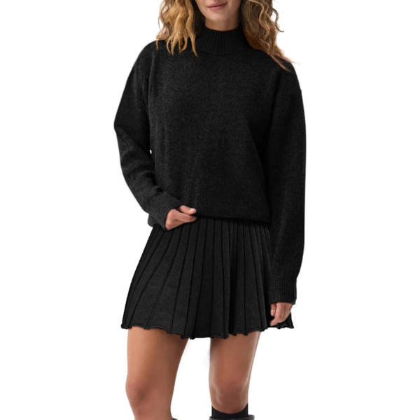 Women's Two Piece Outfits Turtleneck Long Sleeve Ribbed Knit Tops Pleated Mini Skirt 2026 Casual Sweater Sets