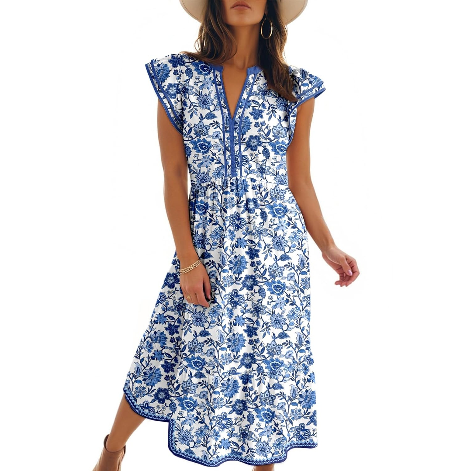 Summer Striped Ruffle Sleeve Midi Dress With Pockets