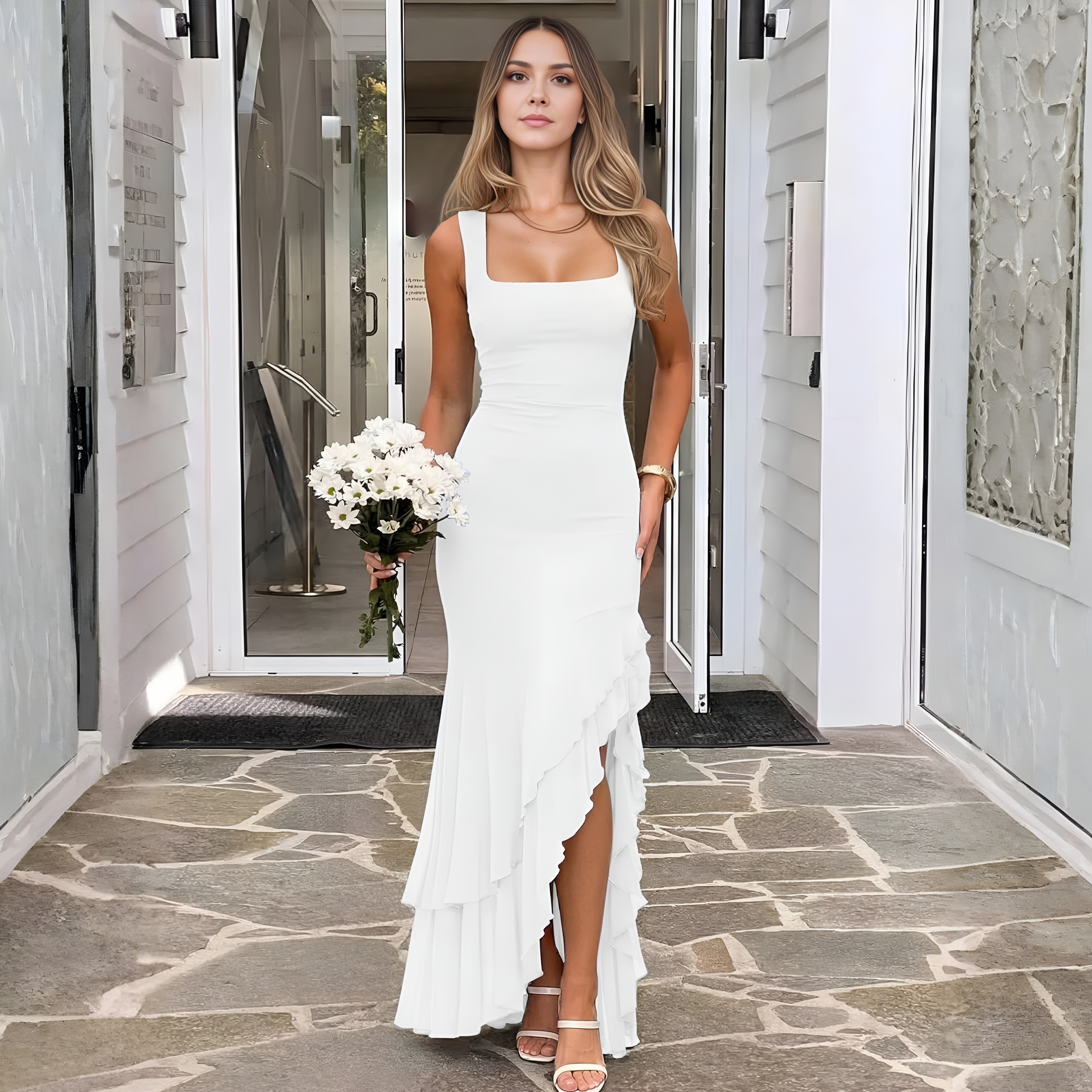 Elegant Ruched Mesh Sleeveless Maxi Dress For Women