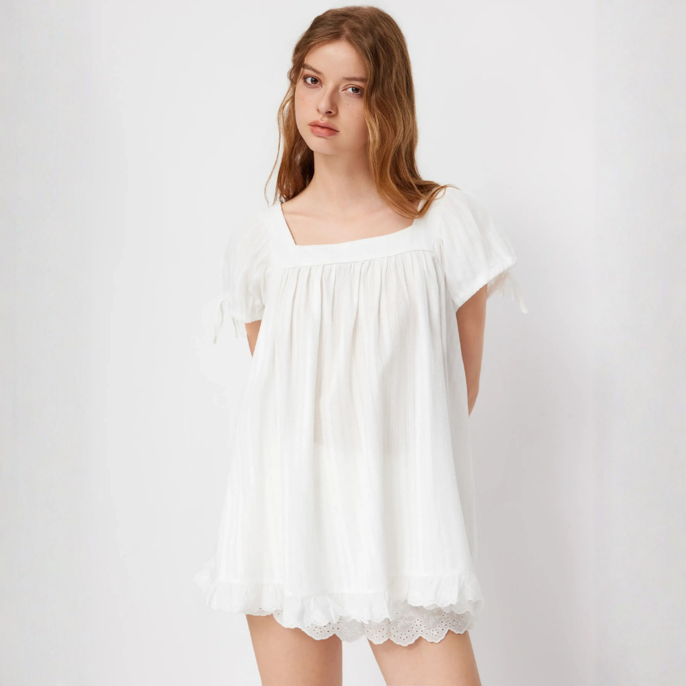 Flared Ruffle Short Sleeve Cotton Babydoll Mini Dress
