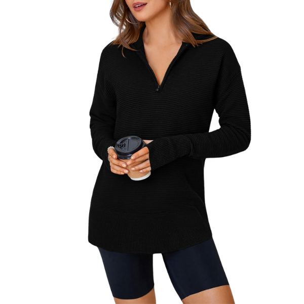 Womens Long Sleeve Quarter Zip Pullover Sweater Casual Loose V Neck Collared Ribbed Knit Jumper Tops Thumb Hole