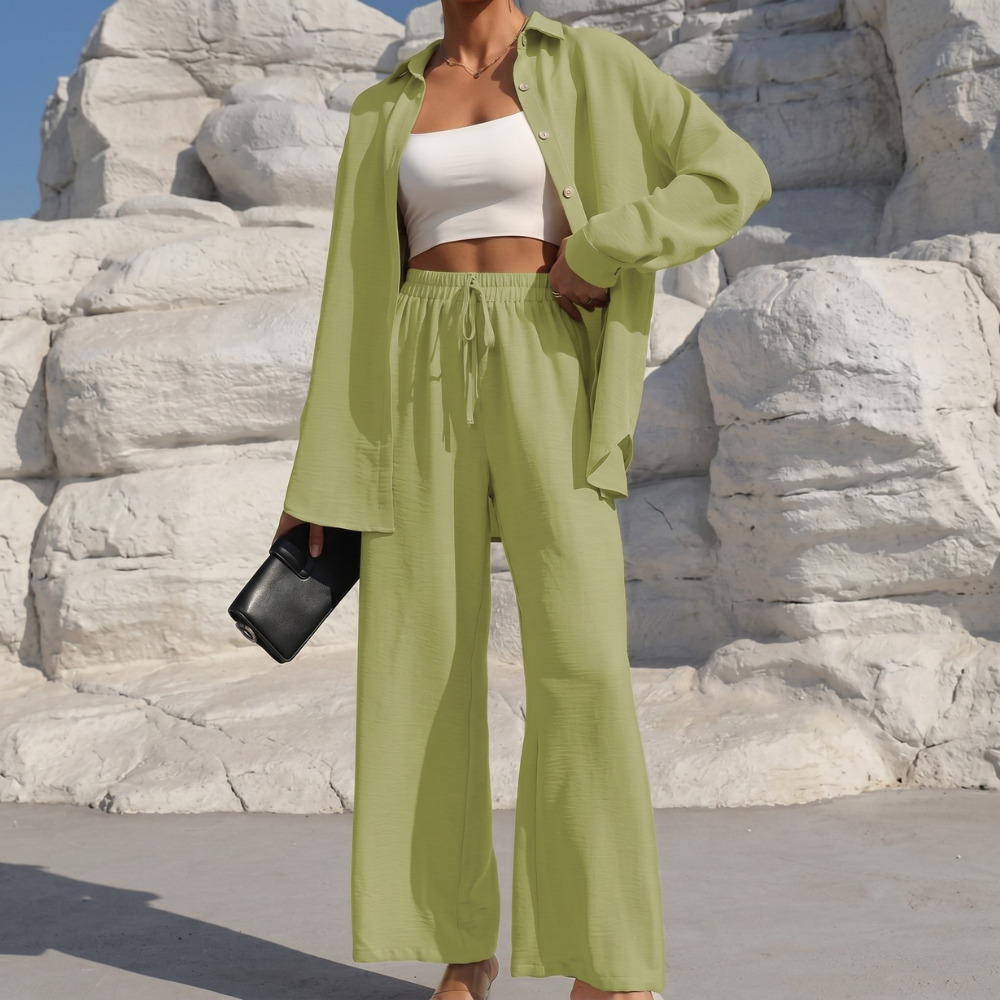 Casual 2 Piece Long Sleeve Shirt And Wide Fit Trouser Set For Women