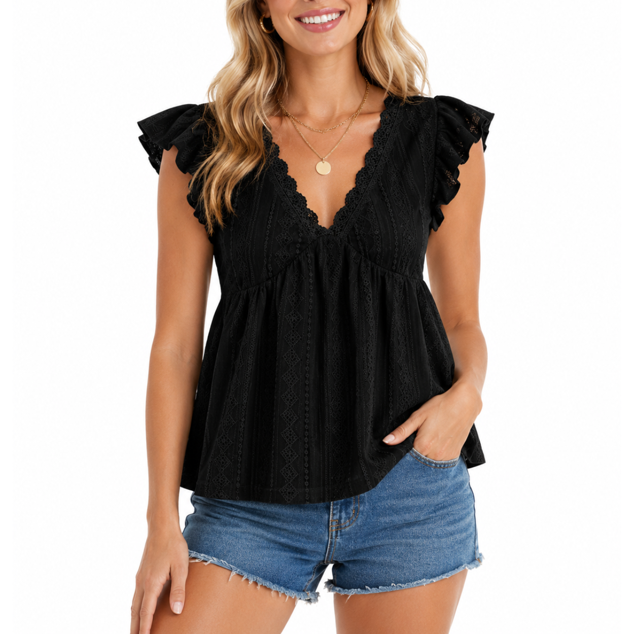 Lace Trimmed V Ruffled Sleeve Flared Eyelet Tank Blouse
